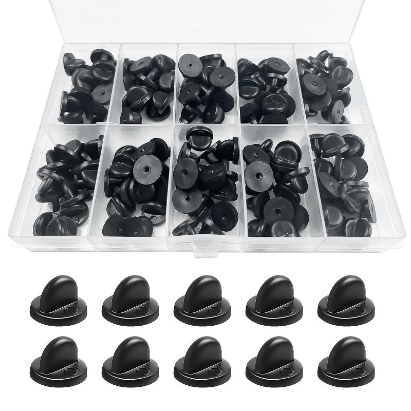 DUFEIMOY 150Pcs Black Rubber Pin Backs Locking, Locking Pin Backs with Storage Case, Pin Backs Pin Keepers for Brooch Tie Hat Badge Insignia, Silicone Pin Locks - Image 1